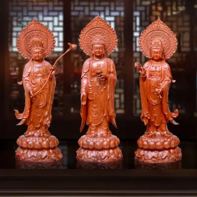 Bộ Tượng Tây Phương Tam Thánh Đứng, Bằng Gỗ Hương, Cao 90cm, Tổng Là Đề 106cm