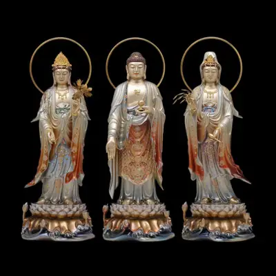 Bộ Tượng Tây Phương Tam Thánh Bằng Đồng Men Sơn Bạc Ấn Bảo, Cao 48cm, 66cm, 90cm, 128cm