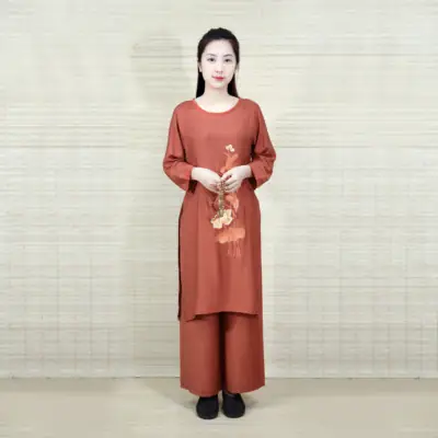 Áo Dài Cách Tân Đi Chùa Hoa Sen Màu Nâu, Size S, M, L