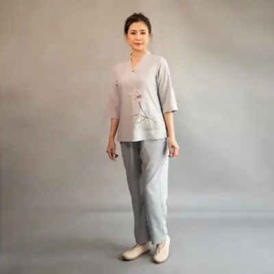 Bộ Nữ Cổ Liền 1 Nút Vải Linen Màu Xám, Nhiều Size