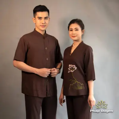Alternative View Of Bộ Quần Áo Pháp Phục Lễ Chùa Nữ Thêu Hoa Sen, Màu Nâu Đen