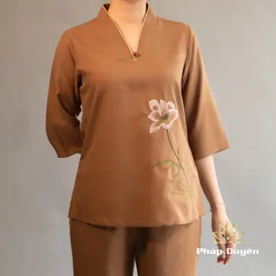 Alternative View Of Bộ Nữ Cổ Liền 1 Nút Vải Linen Màu Nâu, Nhiều Size