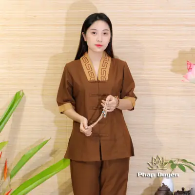Alternative View Of Bộ Quần Áo Phật Tử Nữ Cổ Chữ Y Thêu Như Ý Màu Nâu, Size: Xs, S, M, L