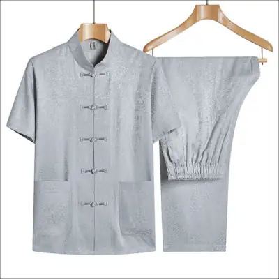Bộ Quần Áo Nam Ngắn Tay Vải Lụa Băng, Xám Nhạt