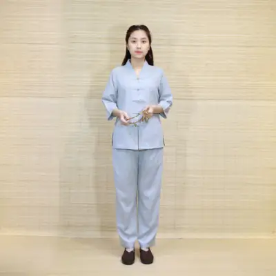 Bộ Nữ Cổ Liền Xẻ Giữa Vải Linen, Màu Xám, Size Xs, S, M, L, Xl