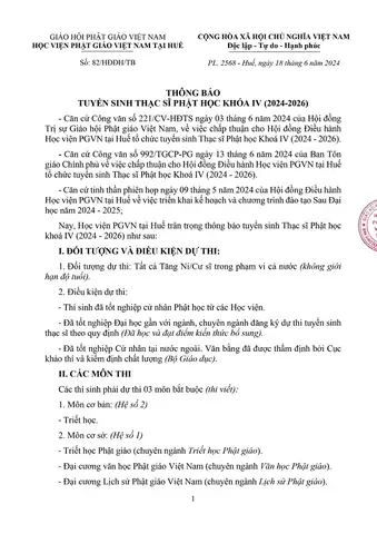 Hvpgvn Tại Huế Tuyển Sinh Thạc Sĩ Phật Học Khóa Iv (2024-2026)