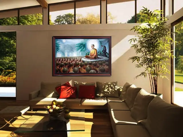 Không Gian Treo Tranh Bổn Sư Thích Ca Đang Thuyết Giảng Phật Pháp Phòng Khách