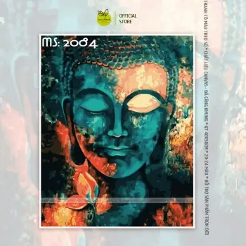 Tranh Tô Màu Chân Dung Tượng Phật Xanh Bên Hoa Sen T2084