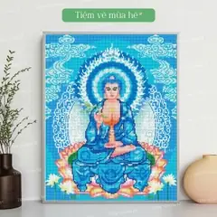 Tranh Đính Đá Phật Dược Sư Lưu Ly Quang Đã Căng Khung 40x50cm Có Backboard