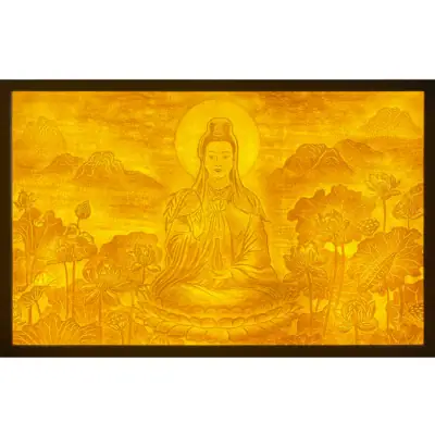 Tranh Trúc Chỉ Hình Phật Bà Quan Âm Bồ Tát Tọa Đài Sen, Kích Thước 127*81cm