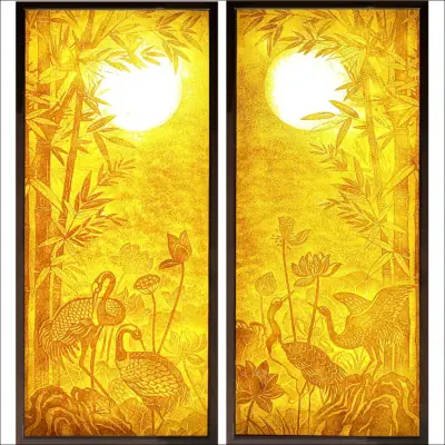 Bộ Tranh Trúc Chỉ Đôi, Họa Tiết Hạc Và Trúc, Kích Thước 50x125cm