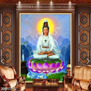 Tranh Phật Giáo Quan Thế Âm Ngồi Trên Hoa Sen