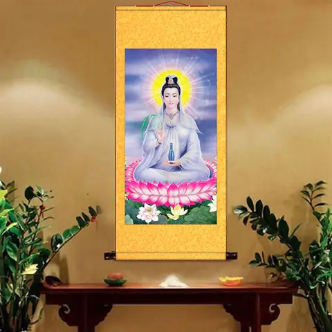 Tranh Bồ Tát Quan Âm Bằng Lụa, Trục Gỗ Treo, Nhiều Kích Thước ...