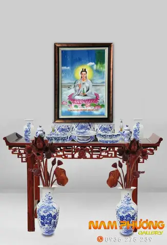 Không Gian Treo Tranh Thờ Phật Bà Quan Âm Vẽ Sơn Dầu Phòng Khách