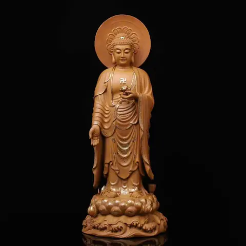 Tượng Phật A Di Đà Đứng Bằng Gỗ Long Não, Cao 65cm