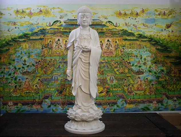 Tượng Phật Di Đà Đứng Tiếp Dẫn Theo Kiểu Tịnh Tông Trắng 100cm