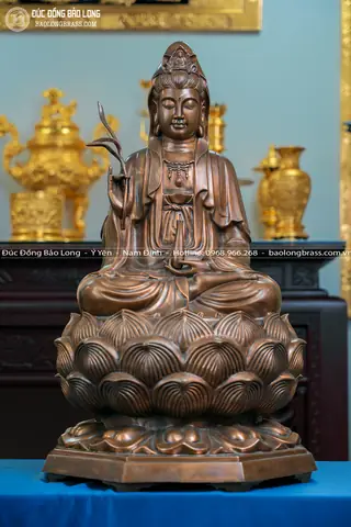 Tượng Phật Bà Quan Âm Bằng Đồng Đỏ Màu Trầm Cổ Cao 81cm