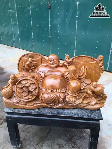 Tượng Phật Di Lặc Ngũ Phúc Vác Cành Đào Gỗ Hương