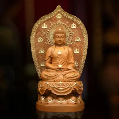 Tượng Phật Thích Ca, Chất Liệu Gỗ Nguyên Màu, Cao 48cm (tổng Lá Đề 65cm)