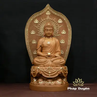 Alternative View Of Bộ Tượng Ta Bà Tam Thánh Ngồi Đài Sen Có Lá Đề Viền Vàng Bằng Gỗ Nguyên Màu, Cao 48cm (tổng Lá Đề 65cm)