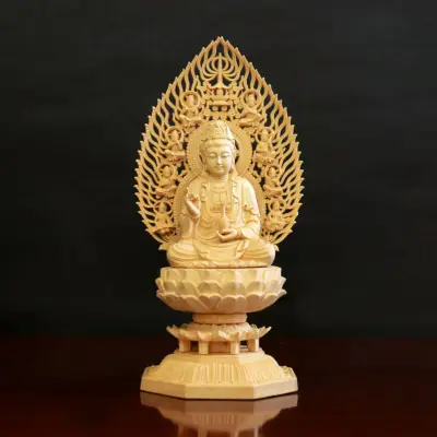 Tượng Đức Quán Thế Âm Bằng Gỗ Bách, Cao 28cm (cả Lá Đề)
