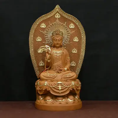 Tượng Quan Âm Ngồi Đài Sen, Gỗ Nguyên Màu, Cao 48cm (tổng Lá Đề 65cm)