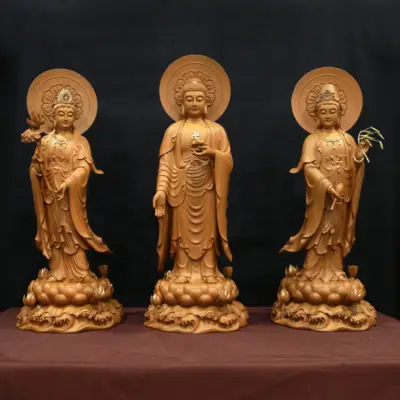 Bộ Tượng Tây Phương Tam Thánh Đứng, Bằng Gỗ Hương Chương (long Não) Điểm Vàng, Cao 66cm