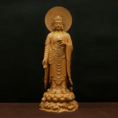 Tượng A Di Đà Đứng Bằng Gỗ Hương Chương (long Não), Cao 66cm