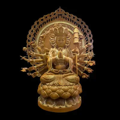 Tượng Chuẩn Đề Ngồi Bằng Gỗ Hương Chương Viền Vàng, Cao 30cm - 40cm