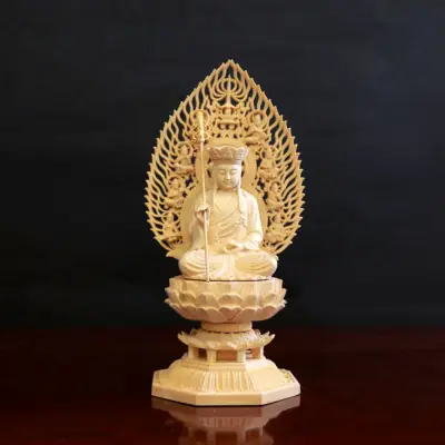 Tượng Đức Địa Tạng Vương Bằng Gỗ Bách, Cao 28cm (cả Lá Đề)