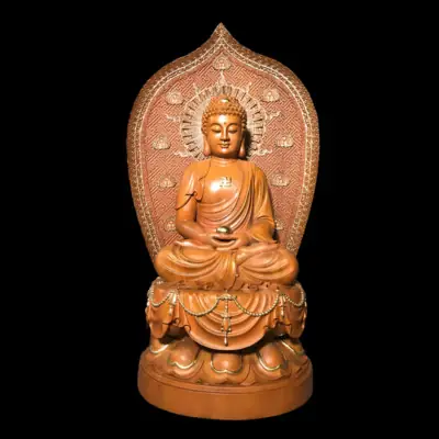 Tượng Đức Bổn Sư Thích Ca Mâu Ni Ngồi, Bằng Gỗ Hương Chương (long Não), Cao 70cm (tổng Chiều Cao 92cm)