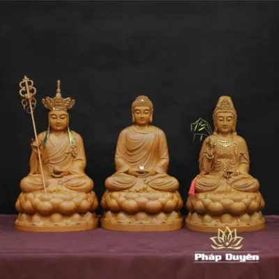 Bộ Tượng Ta Bà Tam Thánh Ngồi Đế Sen, Bằng Gỗ Hương Chương (long Não), Cao 40cm