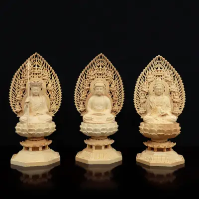 Bộ Tượng Ta Bà Tam Thánh Bằng Gỗ Bách, Cao 28cm (cả Lá Đề)