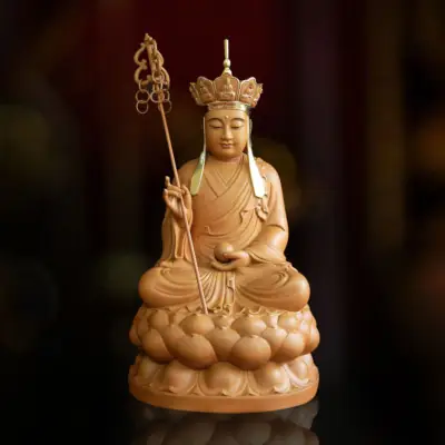 Tượng Địa Tạng Ngồi Đế Sen Bằng Gỗ Hương Chương, Cao 40cm, 48cm