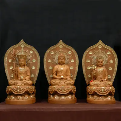 Bộ Tượng Ta Bà Tam Thánh Ngồi Đài Sen Có Lá Đề Viền Vàng Bằng Gỗ Nguyên Màu, Cao 48cm (tổng Lá Đề 65cm)