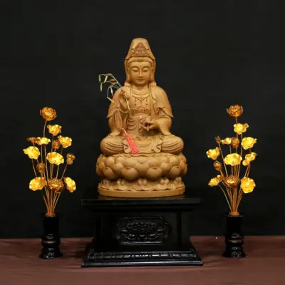 Tượng Bồ Tát Quán Âm Ngồi Đài Sen Bằng Gỗ Hương Chương, Cao 40cm