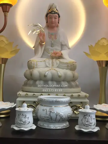 40. Tượng Phật Quan Âm Sứ Trắng Đế Sen Hồng Qabt-078