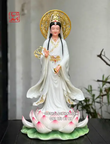 Tượng Quan Âm Bồ Tát Liên Hoa Đứng Áo Trắng Có Hào Quang Tròn