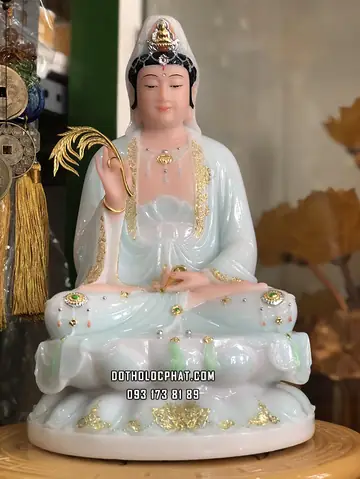 Tượng Quan Âm Bồ Tát Áo Rủ Trắng Xanh Qabt-079