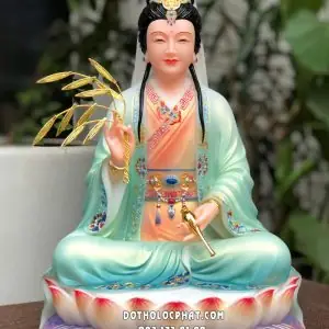 Tượng Quan Âm Bồ Tát Áo Xanh Vẽ Gấm Ngồi Đài Sen Đẹp