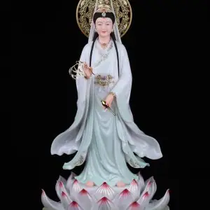 Tượng Quan Âm Bồ Tát Đứng Hoa Sen Áo Xanh Có Hào Quang