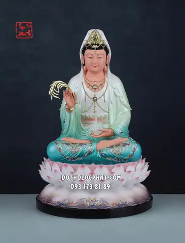 Tượng Quan Âm Bồ Tát Composite Áo Xanh Đế Sen Hồng