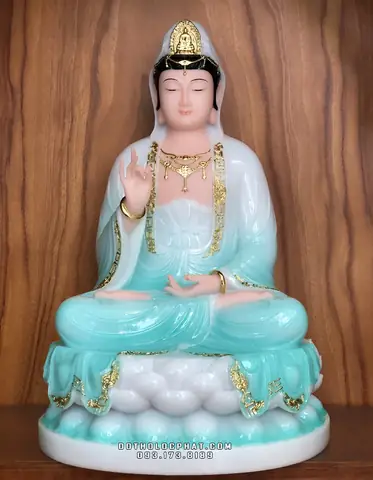 98. Tượng Quan Âm Xanh Ngọc Viền Áo Dát Vàng Qabt-055
