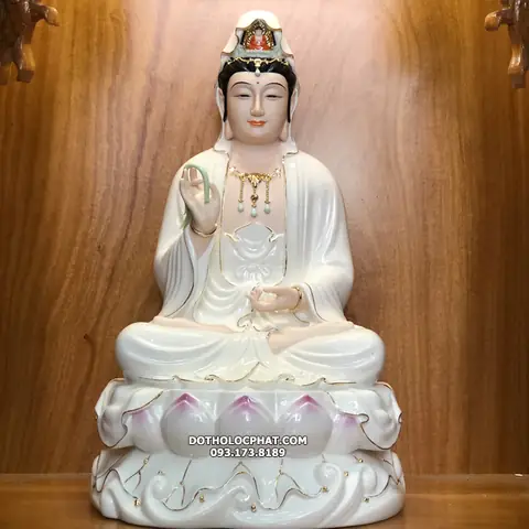 Tượng Phật Quan Âm Sứ Trắng Sen Hồng Cao Cấp Nhất