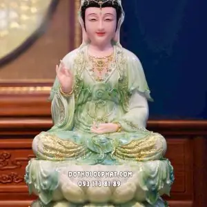 Tượng Quan Âm Bồ Tát Xanh Sơn Thủy Viền Vàng Áo Rũ