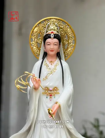 Tượng Quan Âm Bồ Tát Liên Hoa Đứng Áo Trắng Có Hào Quang Tròn
