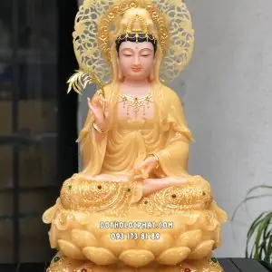 Tượng Quan Âm Bồ Tát Thạch Anh Viền Vàng Nạm Ngọc Hào Quang Lá Đề