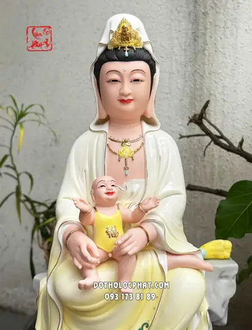 Tượng Quan Âm Tống Tử Đế Non Nước Bằng Sứ Men Vàng