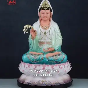 Tượng Quan Âm Bồ Tát Composite Áo Xanh Đế Sen Hồng