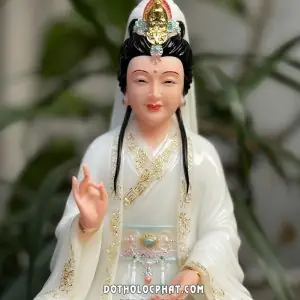 Tượng Quan Âm Bồ Tát Áo Trắng Viền Vàng Ngồi Đài Sen